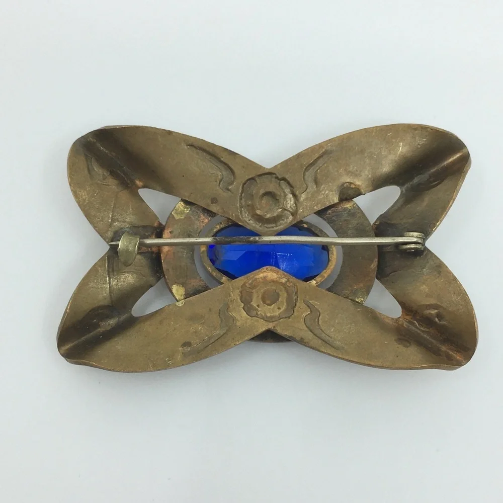 Antique Victorian Brass Bronze Blue Glass Brooch Pin Old Estate Costume Jewelry